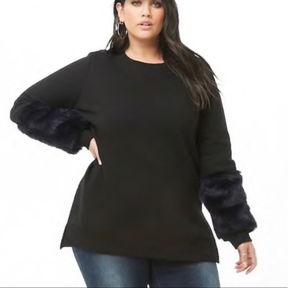 Forever 21 Tops - FOREVER 21+ | Faux Fur Sleeves Sweatshirt 2X Black